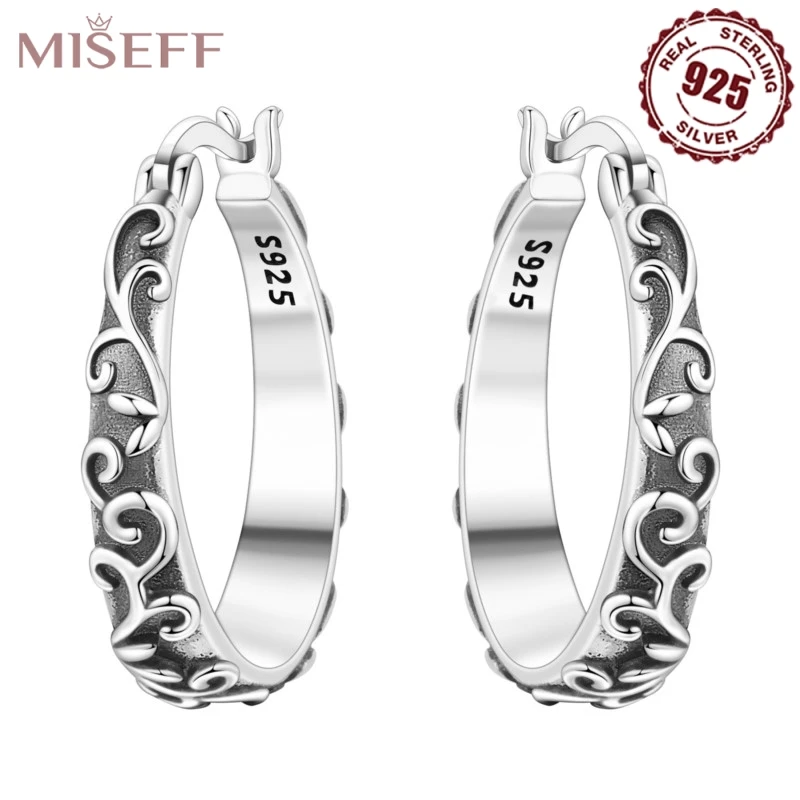 

MISEFF 925 Sterling Silver Retro Carving Grape Vine Hoop Earrings Zircon Silver Earrings Lady Women Birthday Gifts Jewelry