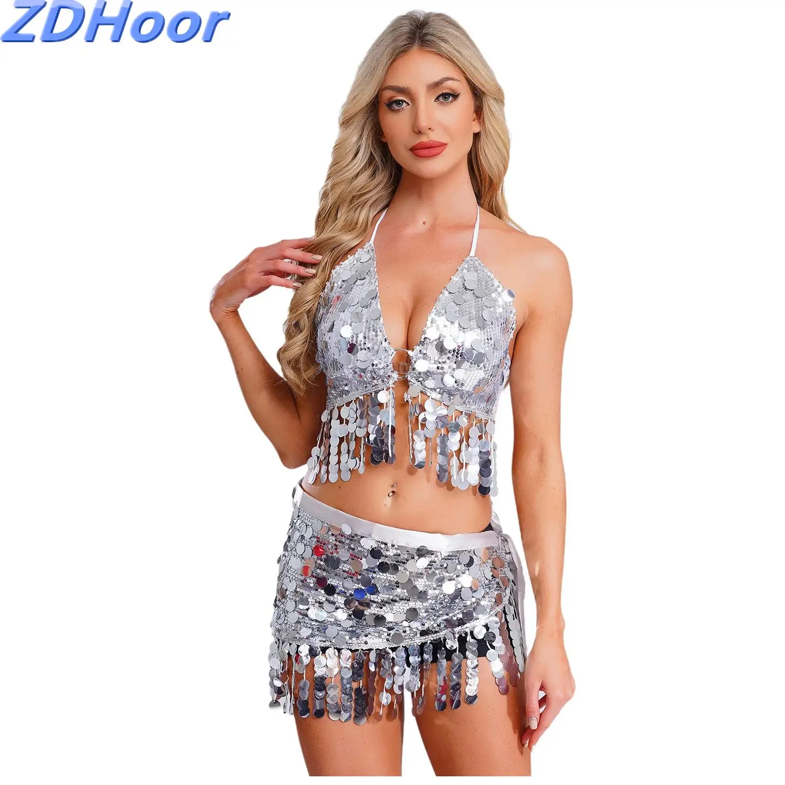 

Women Sequined Belly Dance Costume Crop Top Or Crop Top And Hip Scarf Shiny Sequin Tassel Lace-up Dance Wear for Stage