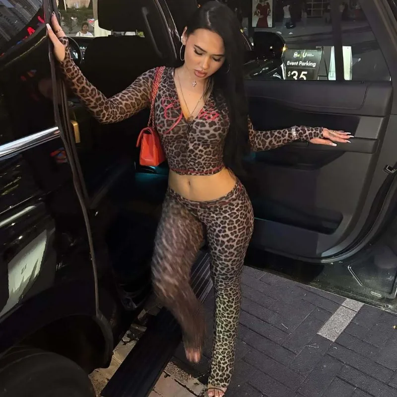 Newest Women Leopard‑Print 2‑Piece Matching Set Zip‑Up Long‑Sleeve Crop Top + High‑Waist Flare‑Leg Pants Y2K Street‑Wear Outfit