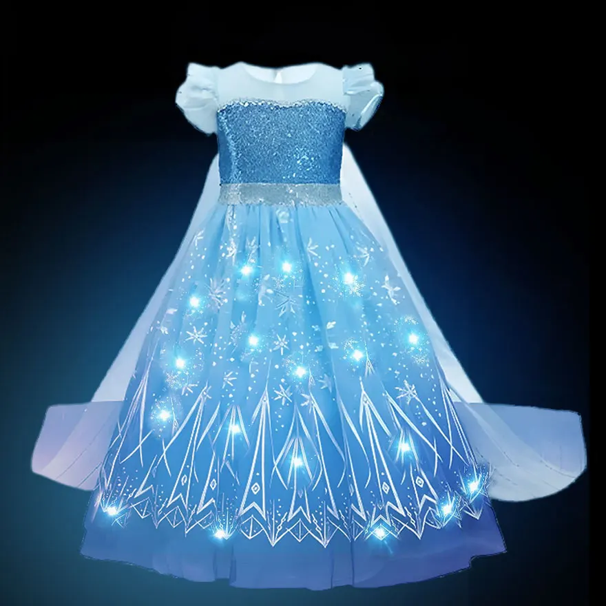 2024 Splendido abito Elsa Frozen con luce a LED Gioco di ruolo per ragazze Abbigliamento da principessa Bambino Illumina Fata Elsa Abbigliamento classico