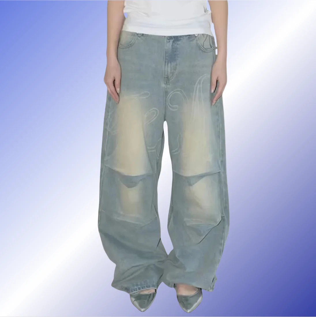 

Light Colour Trend Dressing Up Korean Style Simple Baggy Angel Printed Jeans 2025 Spring Necessary Solid Retro Straight Pants