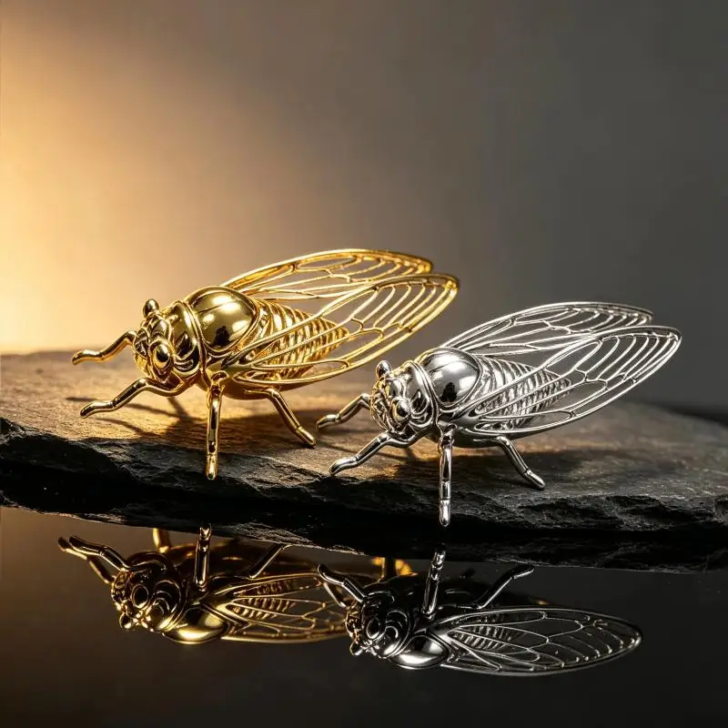 1Pc Realistic Cicada Figurine Golden Finish Hollow Wing Vintage Insect Statue Desktop Art Sculpture Home Tabletop Decor Ornament
