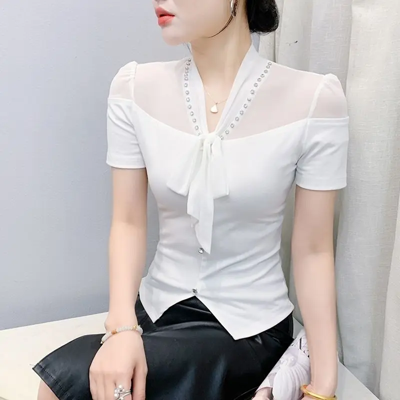 

Summer Women's T-shirt V-neck Nail Bead Short Sleeved Outfit Mesh Top Slim Small Shirt