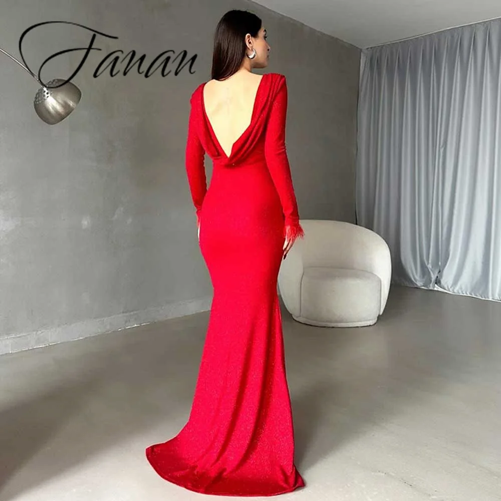 Vestido de graduación rojo Simple para mujer, Jersey de plumas de manga larga, longitud hasta el suelo, Espalda descubierta, vestidos de noche formales para ocasiones