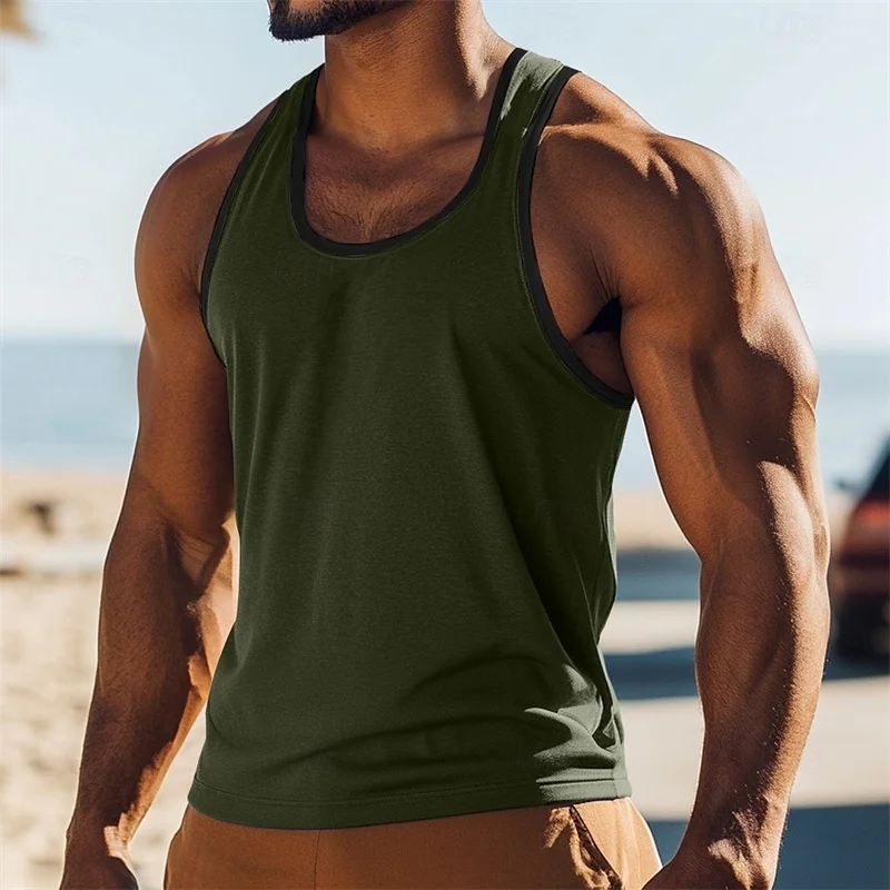 Solid Color Athletic Tank Top For Men Casual Breathable Round Neck Sleeveless Top Summer Casual Simple Print Classic Tee Top image 3