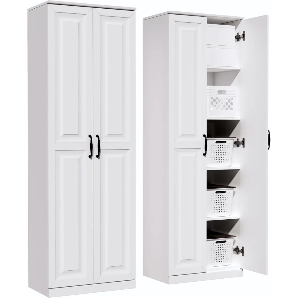 Mueble de almacenamiento/muebles de despensa, acabado blanco suave, armario de madera de 71" de alto con 2 puertas y 3 estantes ajustables para cocina