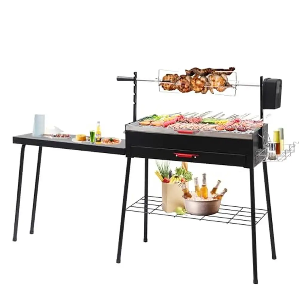 Portable Charcoal Grill Rotisserie Grill Side Table Detachable Compact Stainless Steel Stable Outdoor Cooking Adventure Easy