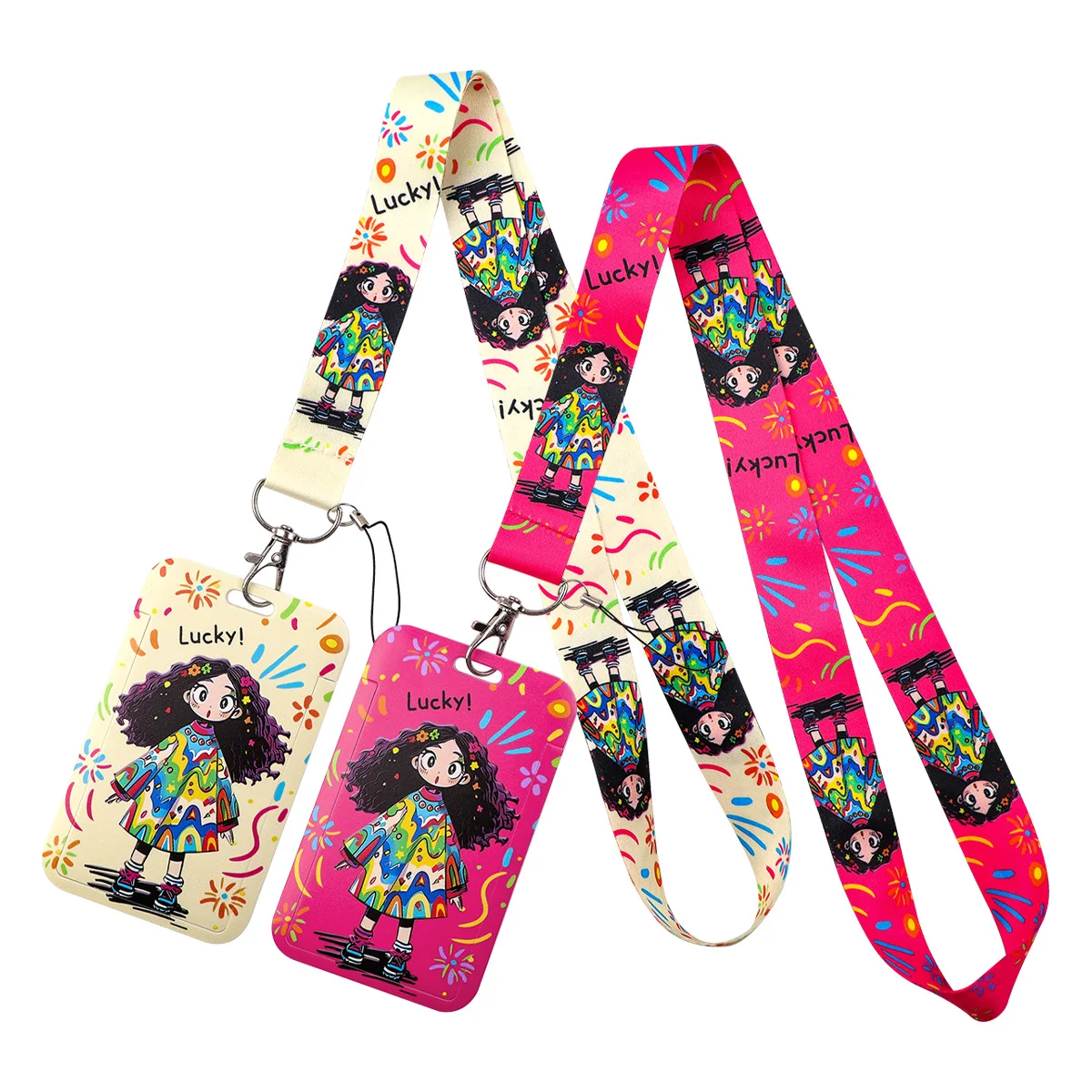 

Lucky Curly Haired Girl Lanyard Neck Strap Keychain ID Card Cover Badges Holder Mobile Phone Hang Rope Keyring Accessories Gifts