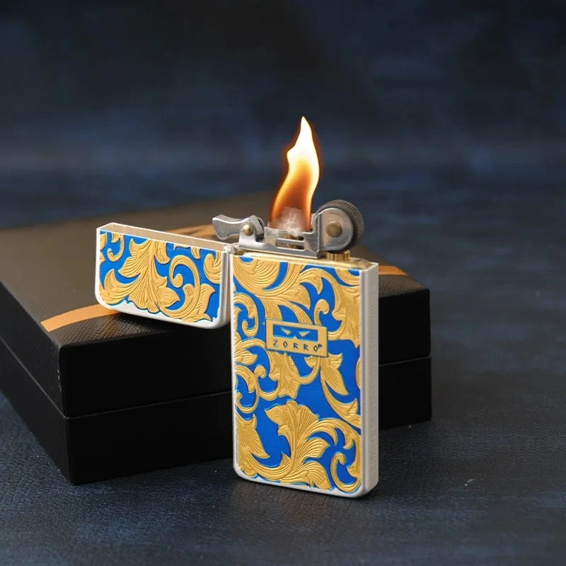 ZORRO Second-generation Ultra-thin Tang Grass Carving Lighter, Brass, Sealed and Waterproof High-quality Oil Lighter