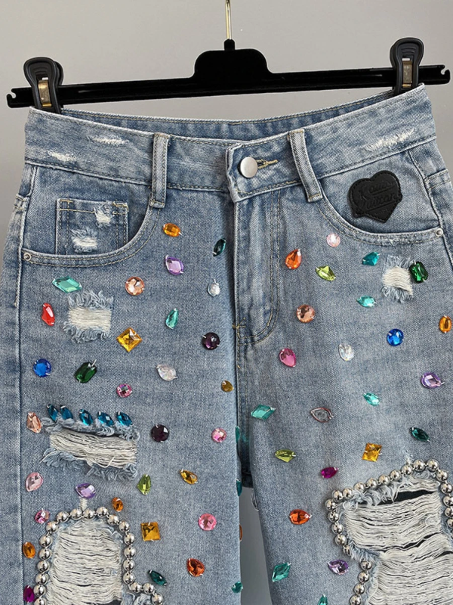 Street Rhinestone Beaded High Waist Denim Shorts Women Summer New Slim Fit All-Match Ripped Short Jeans Student Tassel Hot Pants