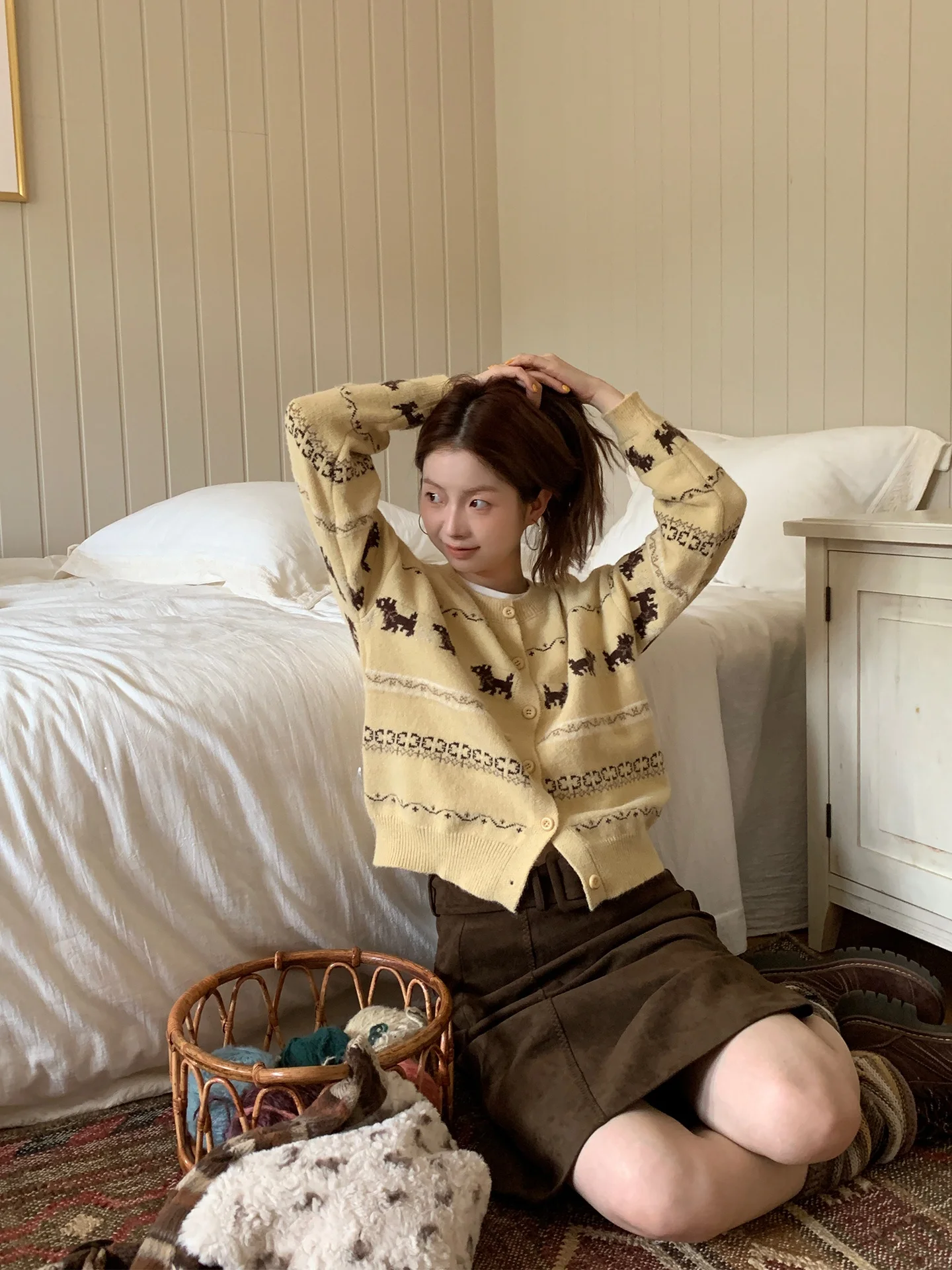 

Handmade Soft Warm Knitted Cardigan Dog Pattern Lazy Sle Women's Top Relax Fit round Ne Long Sve Casual Knitwear