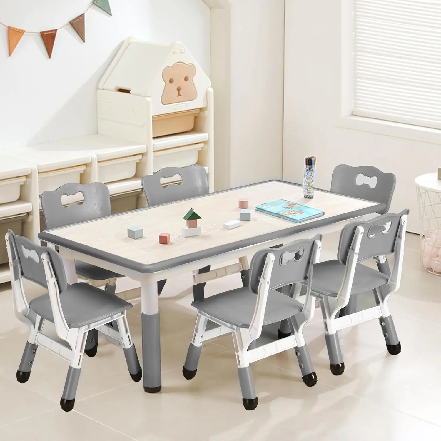 6 Chairs Set, Height Adjustable Toddler Table and 6 Chair Set for Ages 2-10 for for Crafts and Study, Graffiti Desktop, Non-Slip