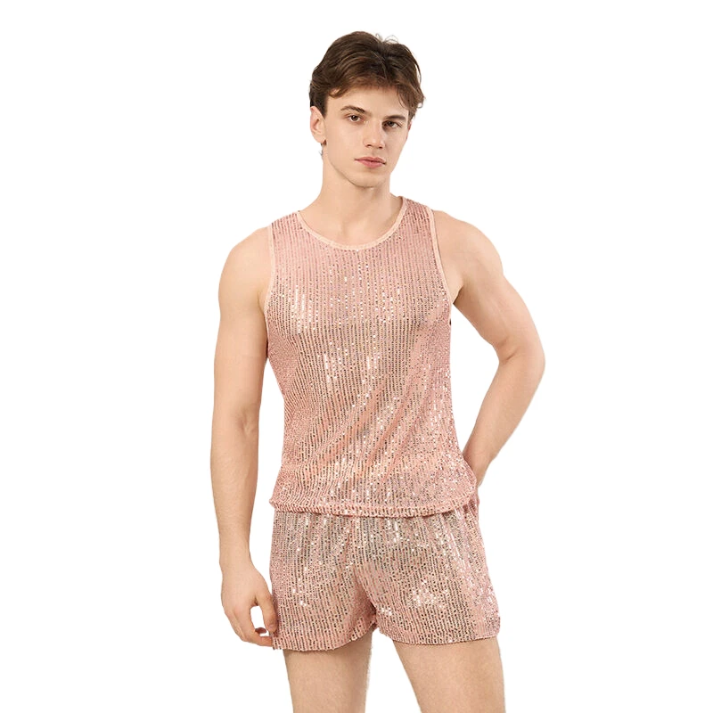 Herren-Set 2-teiliges Outfit Ärmelloses Tanktop Shorts Funkelndes Nachtclub-Musikfestival Strand-Rave-Party Bühnenkostüm – Detail 2