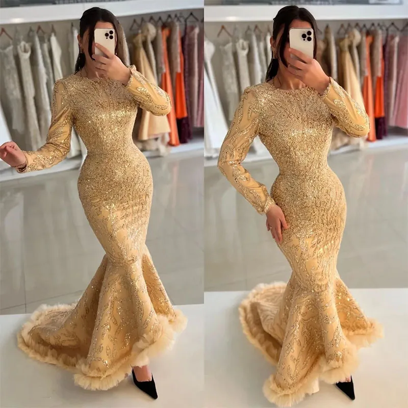 Vestido sereia dourado com lantejoulas, Vestidos longos para ocasiões especiais, Festa de baile elegante, Mangas compridas