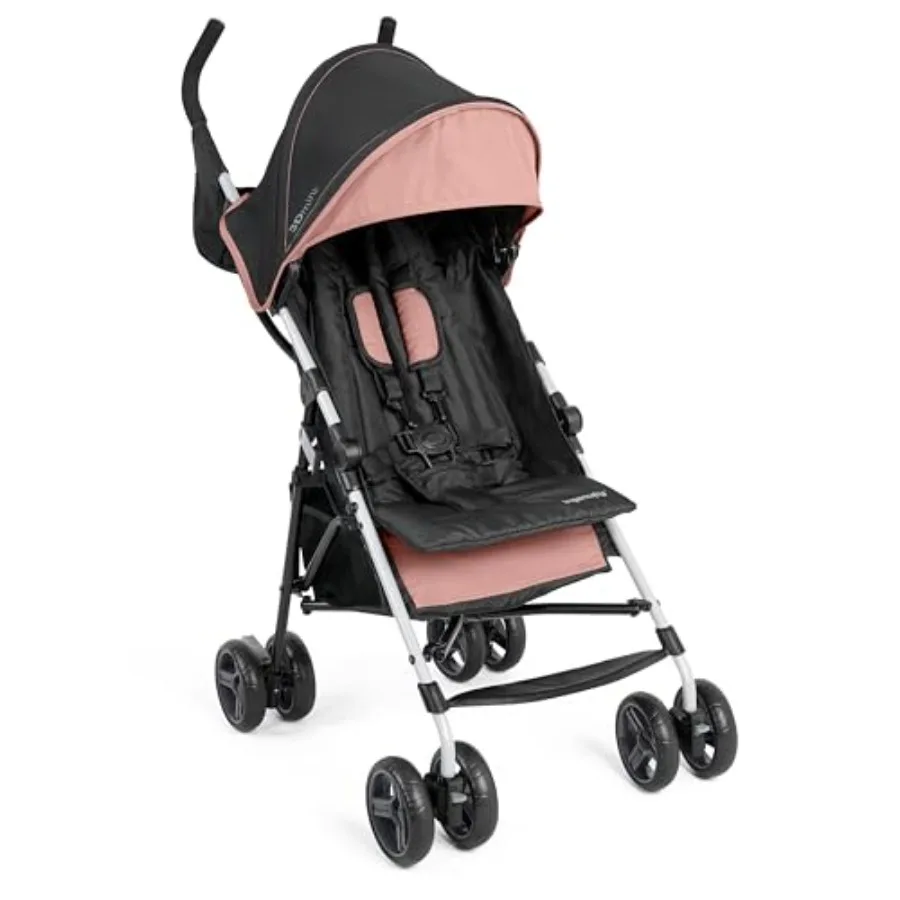

Travel umbrella stroller in dusty rose pink, lightweight aluminum frame, compact fold, multi-position recline, canopy with pop-
