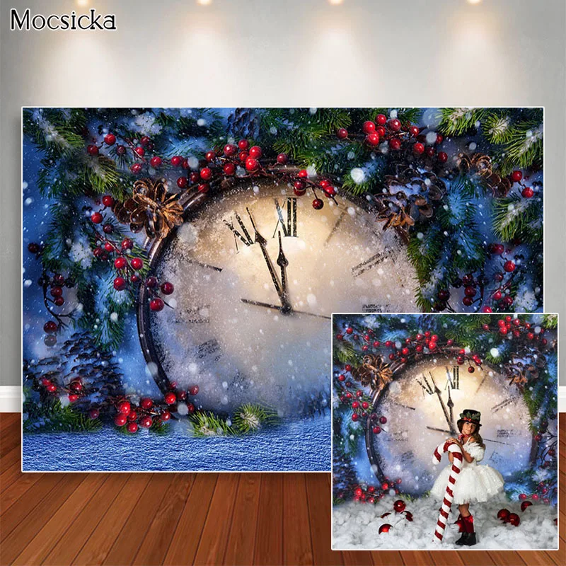 Christmas Snow Backdrops for Photography 2022 New Year Vintage Clock Background Photo Studio Props Red Christmas Decorations