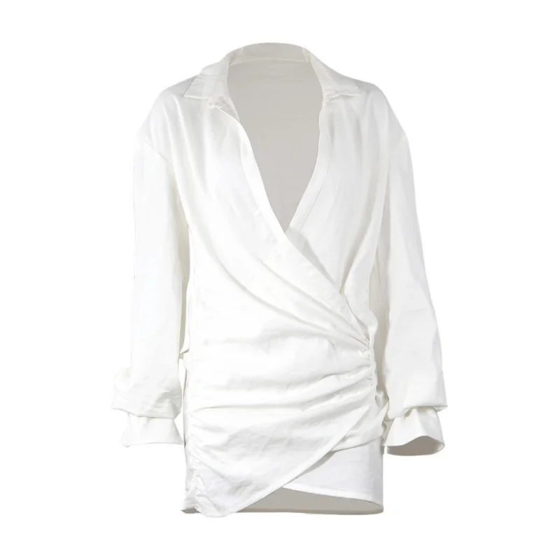 2024New Long Sleeve White Shirt Sexy DeepVWomen's clothing newINSInternet Celebrity Linen Dress