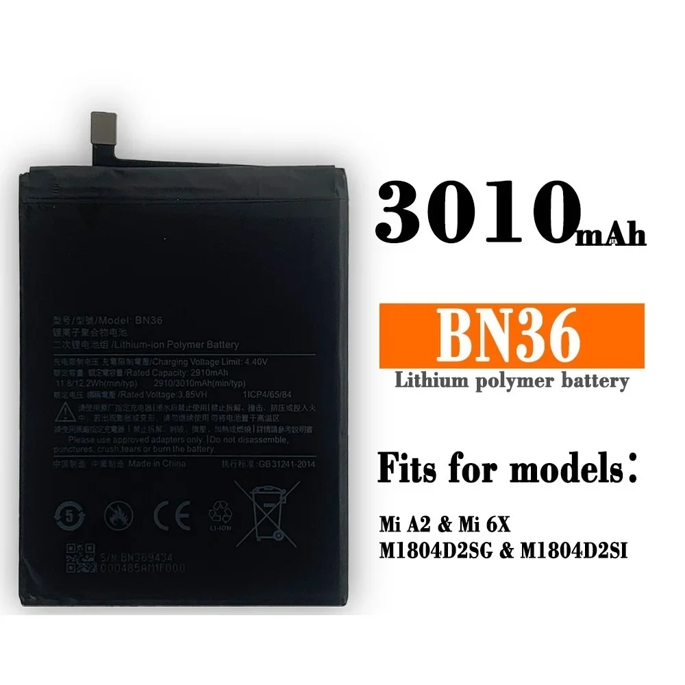 BN36 3010mAh Battery For Xiaomi Mi 6X Mi6X Mi A2 MiA2 BN36 High Quality Phone Replacement Batteries +Tools