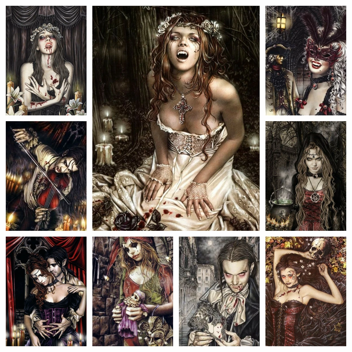 Victoria Frances Vampires Girl Round Drill 5D DIY Diamantmalerei, abstrakte Kunst, Mosaik, Heimdekoration, Kunsthandwerk, Strass, Geschenke