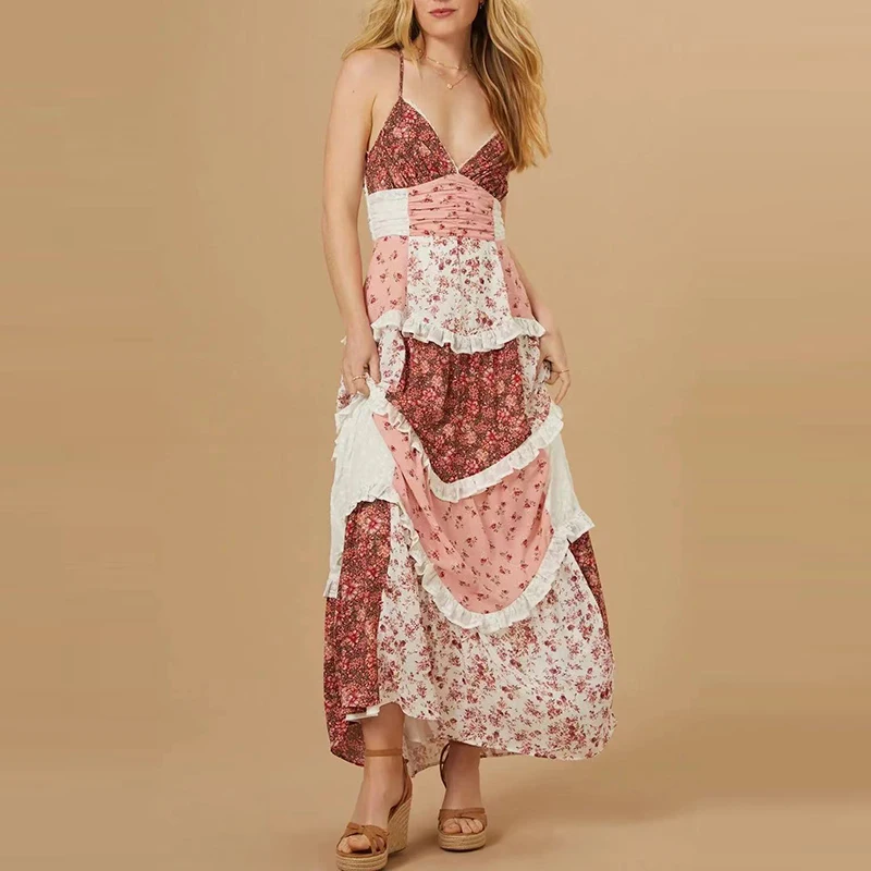 

Elegant Floral Print Pleated Women's Dress Sexy Deep V Hollow Summer Long Dress Fashion Off Shoulder High Waist Bohemian Dresses