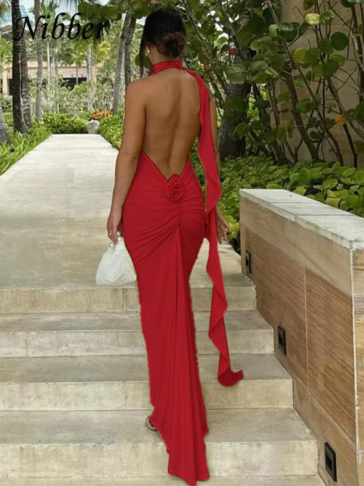 Nibber-Vestido maxi elegante com decote em v para mulheres, vestido de noite, flores sem costas, fitas, vestido feminino Bodycon, rua alta