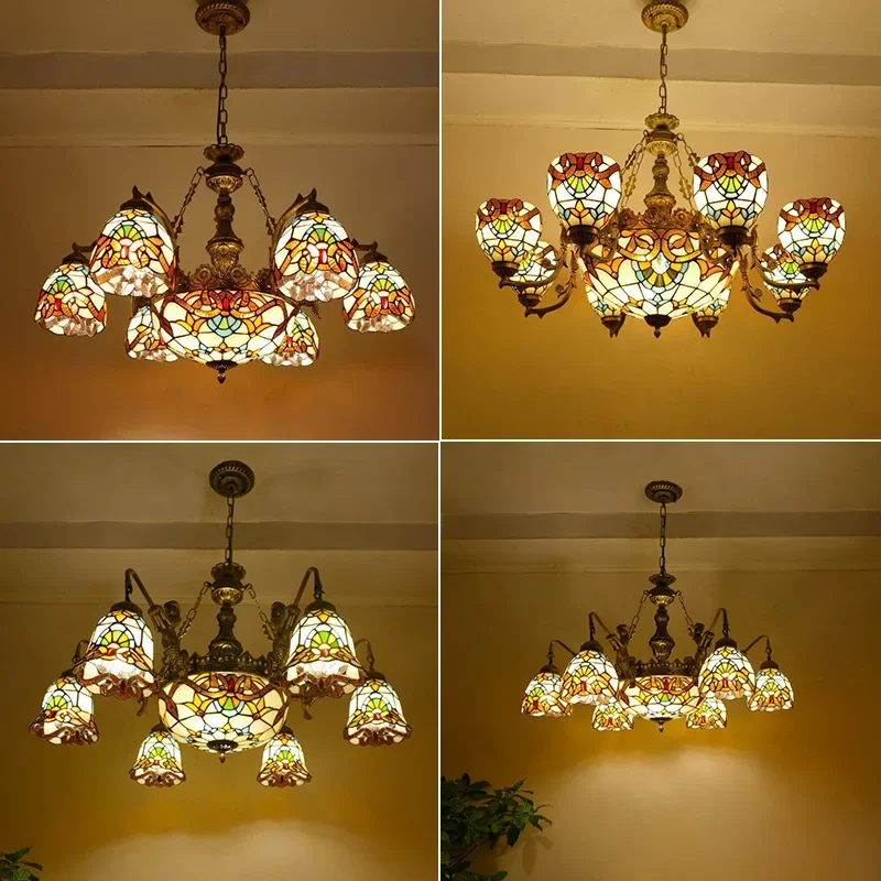 Creative rural creative living room dining room bar multi head crystal chandelier Tiffany color glass retro bird rose lamp