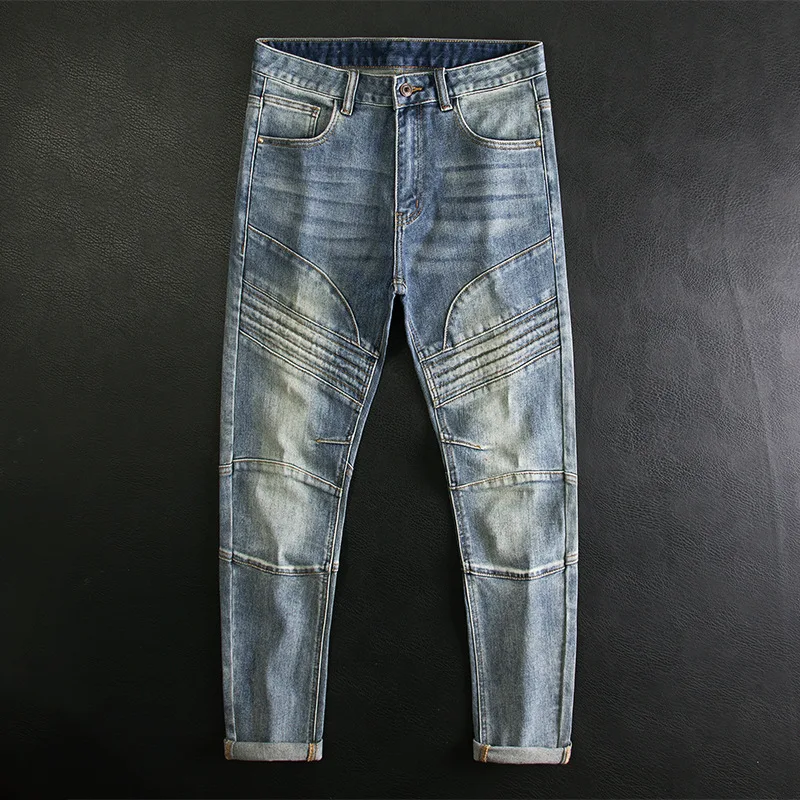 

Trendy Casual Jeans for Men Slim Fit Skinny Zipper Patchwork Light Blue Ripped Washed Motorcycle High-end Pants