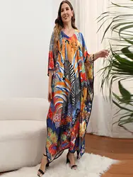 Plus Size Boho zakrywają damskie s Plus wydruk graficzny rękaw w kształcie skrzydła nietoperza z dekoltem w szpic luźna, z wycięciem sukienka kaftanowa