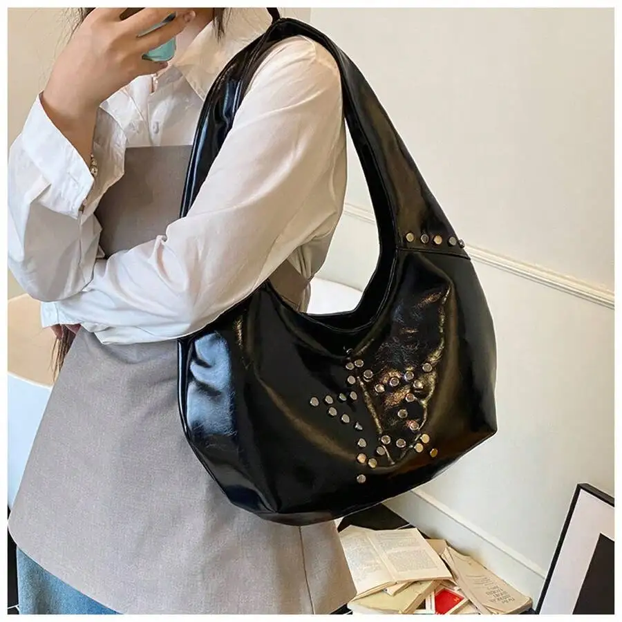 

Punk Style Studded Hobo Bag Large Capacity Casual Shoulder Handbag