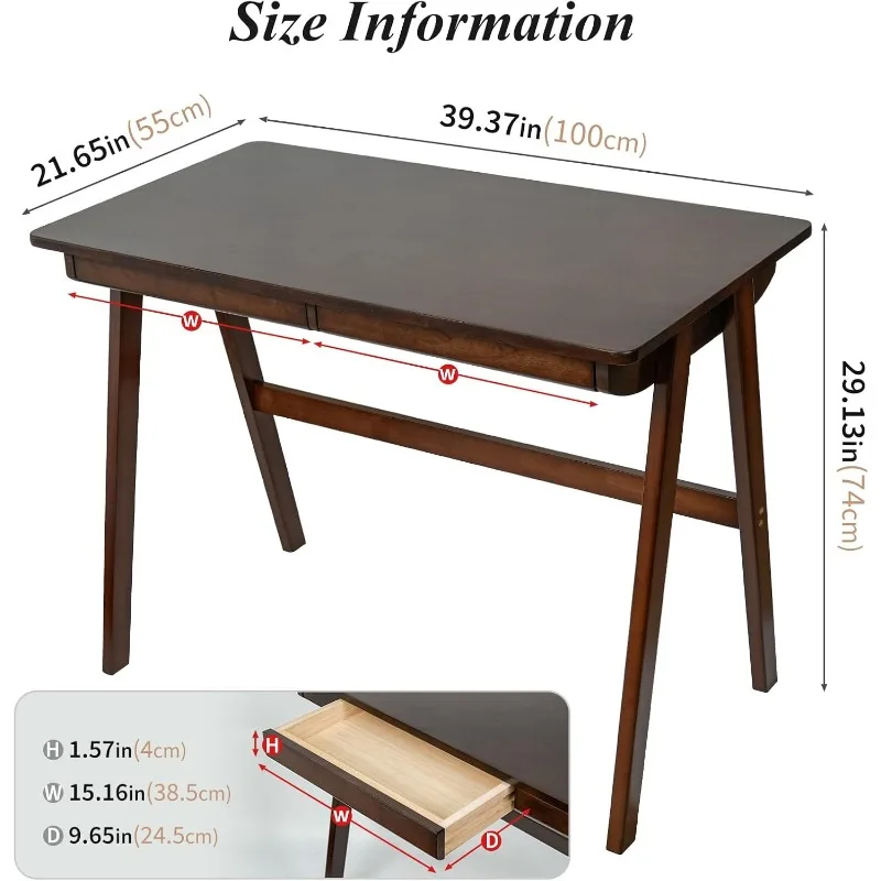 Computer Desk with Drawers, S  Office Desks, Oak Study Table, Small Desk for Bedroom, 29.1 H x 39.4 W x 21.7 D Inches, Walnut