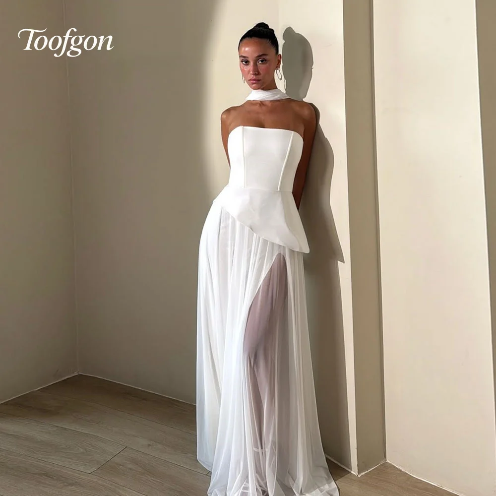 

Toofgon Long Satin Chiffon Evening Dresses Customized High Slit Women Prom Party Gowns Special Occasion Formal Dress
