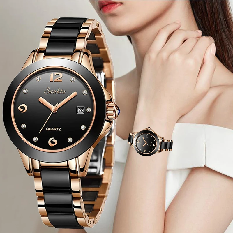 

Новые модные повседневные элегантные женские часы SUNKTA, роскошные керамические простые женские водонепроницаемые кварцевые часы с календарем и бриллиантами для женщин
