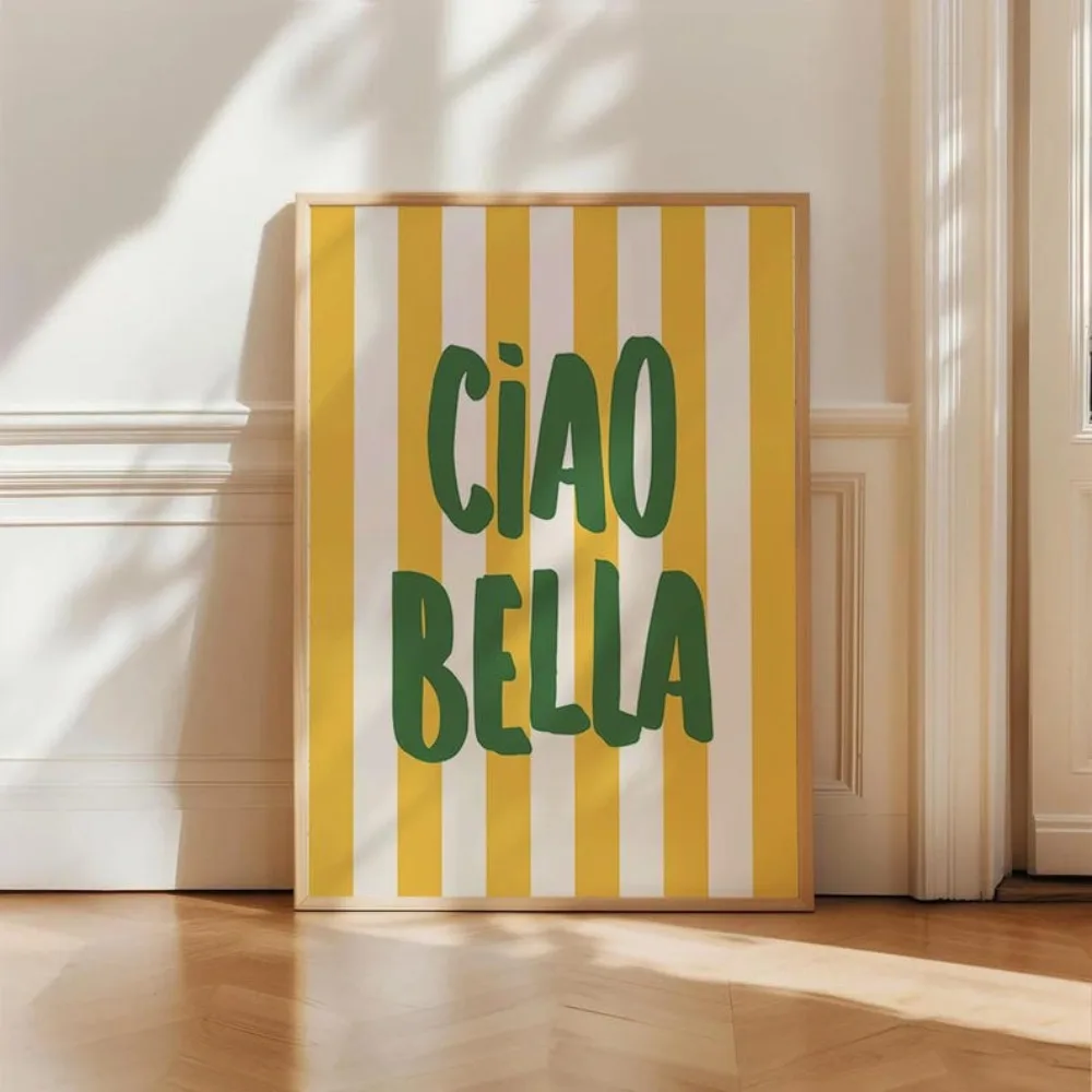 Pôster de Ciao Bella, impressão de arte de parede italiana, citação impressa em amarelo verde, decoração de cozinha grande, presente para ela, download digital retrô divertido