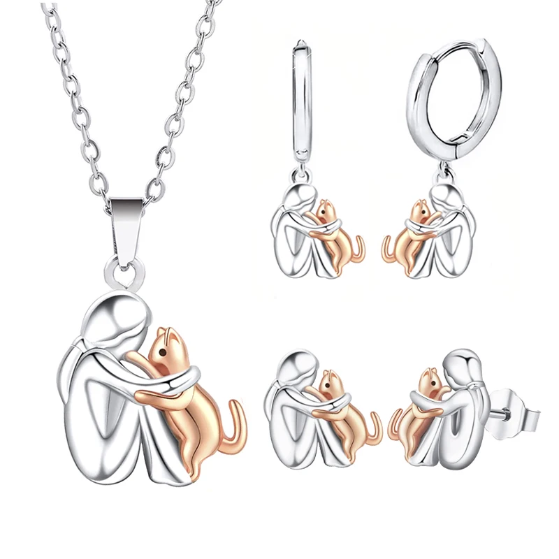 Mode Mädchen Und Katze Halskette Ohrringe Für Frauen Nette Zwei Ton Farbe Katze Mama Stud Ohrringe Haustier Schmuck Geschenke