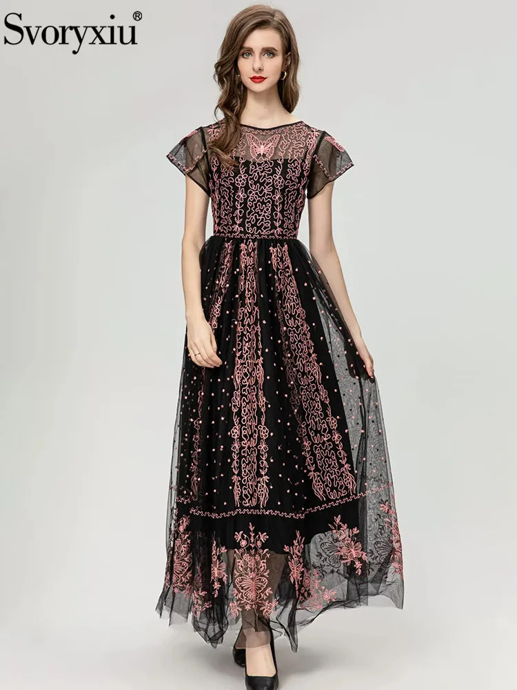 

Svoryxiu High Quality New Designer Summer Vintage Mesh Embroidery Floor-Length Dress Women's Short Sleeve High Waist Dress