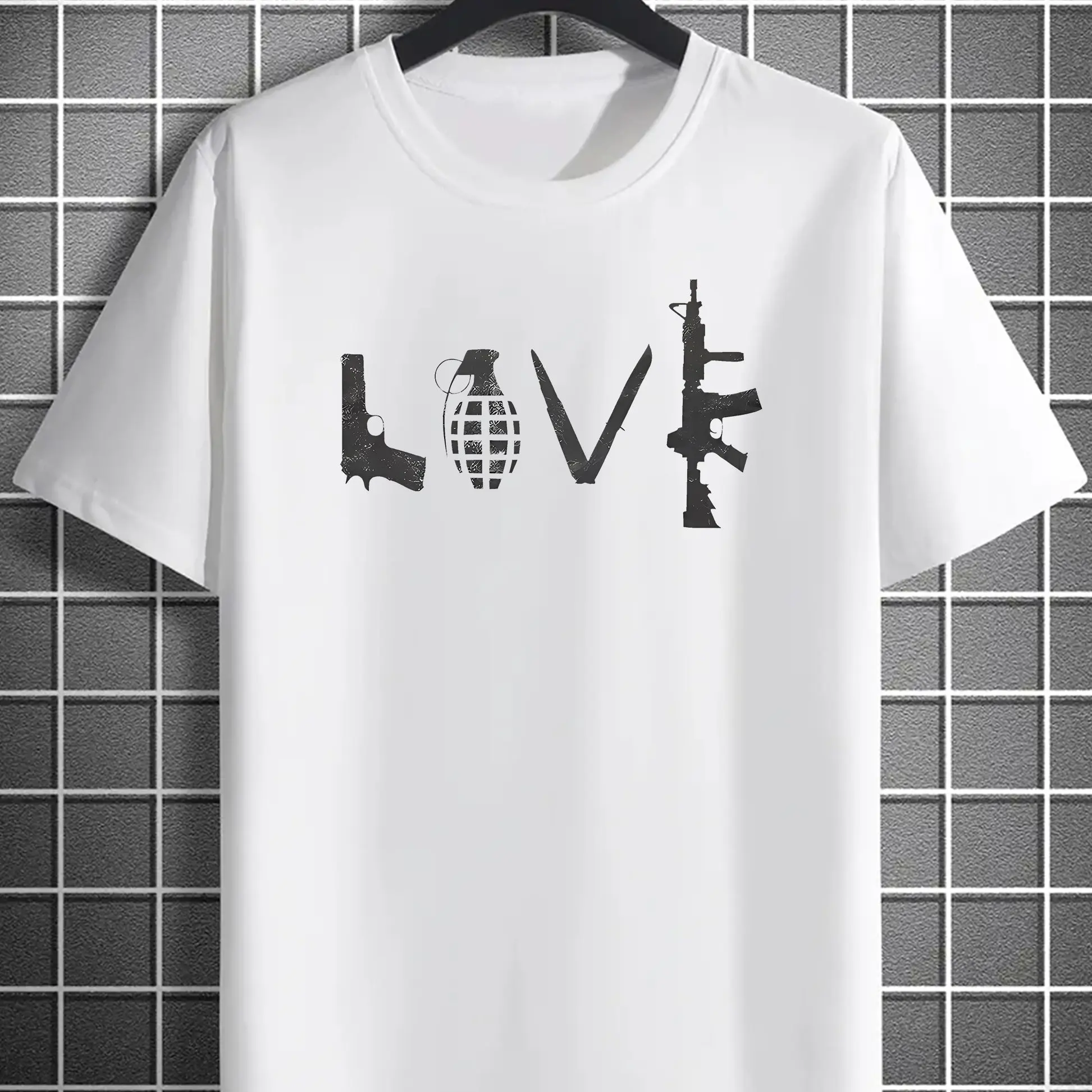 Lover Gun Print Men Round Crew Neck Short Sleeve Simple Style Tee Fashion Regular Fit T-Shirt Casual Comfy Breathable Top