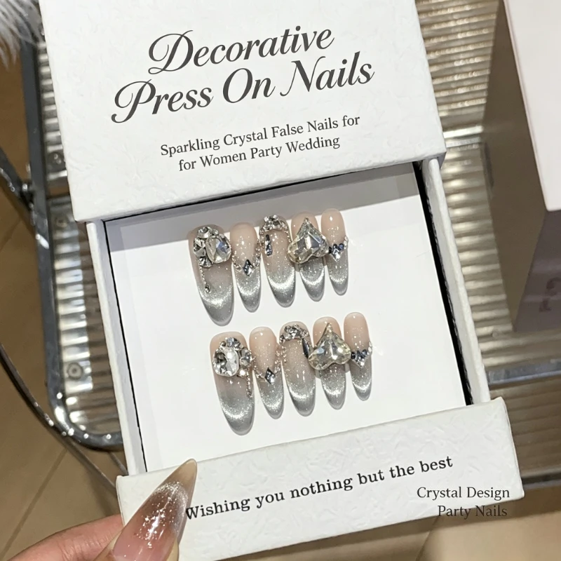 Elegant Atmosphere French Cat Eye Press on Nails Luxury Handmade False Nail for Nail Art Decoration Accessories