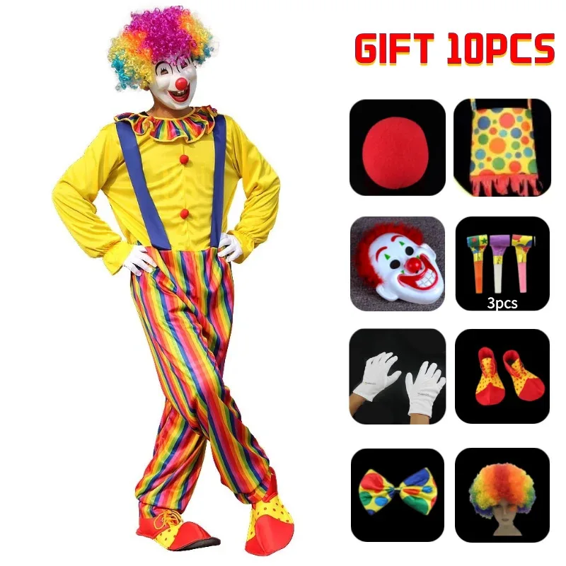 

10pcs Adult Clown Suit Costume Set including clothing, Wig, Nose, Mask, Clown Bag, Shoes, Circus Props for Fiesta Circus Party