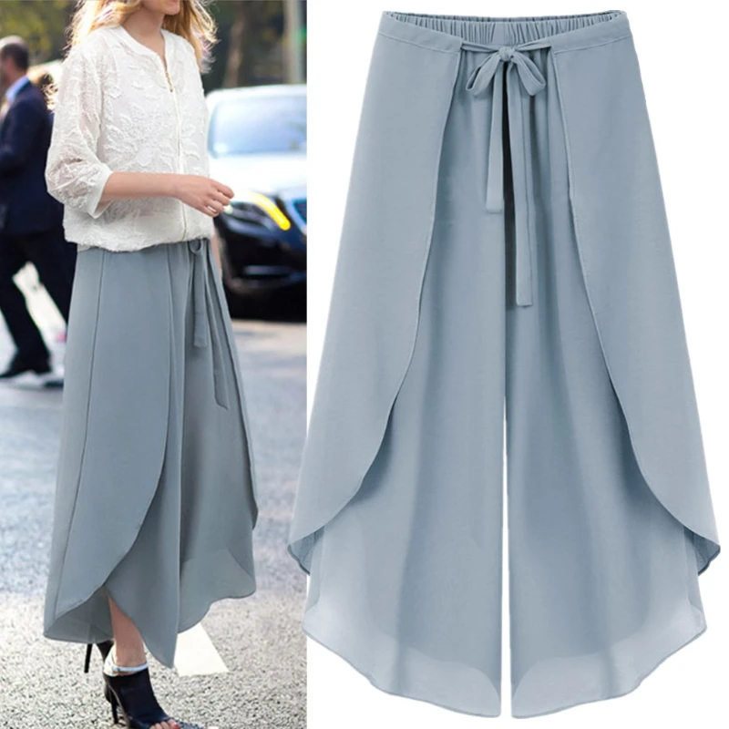 2024 Summer European Chic Women's Trousers Drawstring Chiffon Lady Capris Plus Size 4XL Female Wide Leg Pants Patchwork KN625