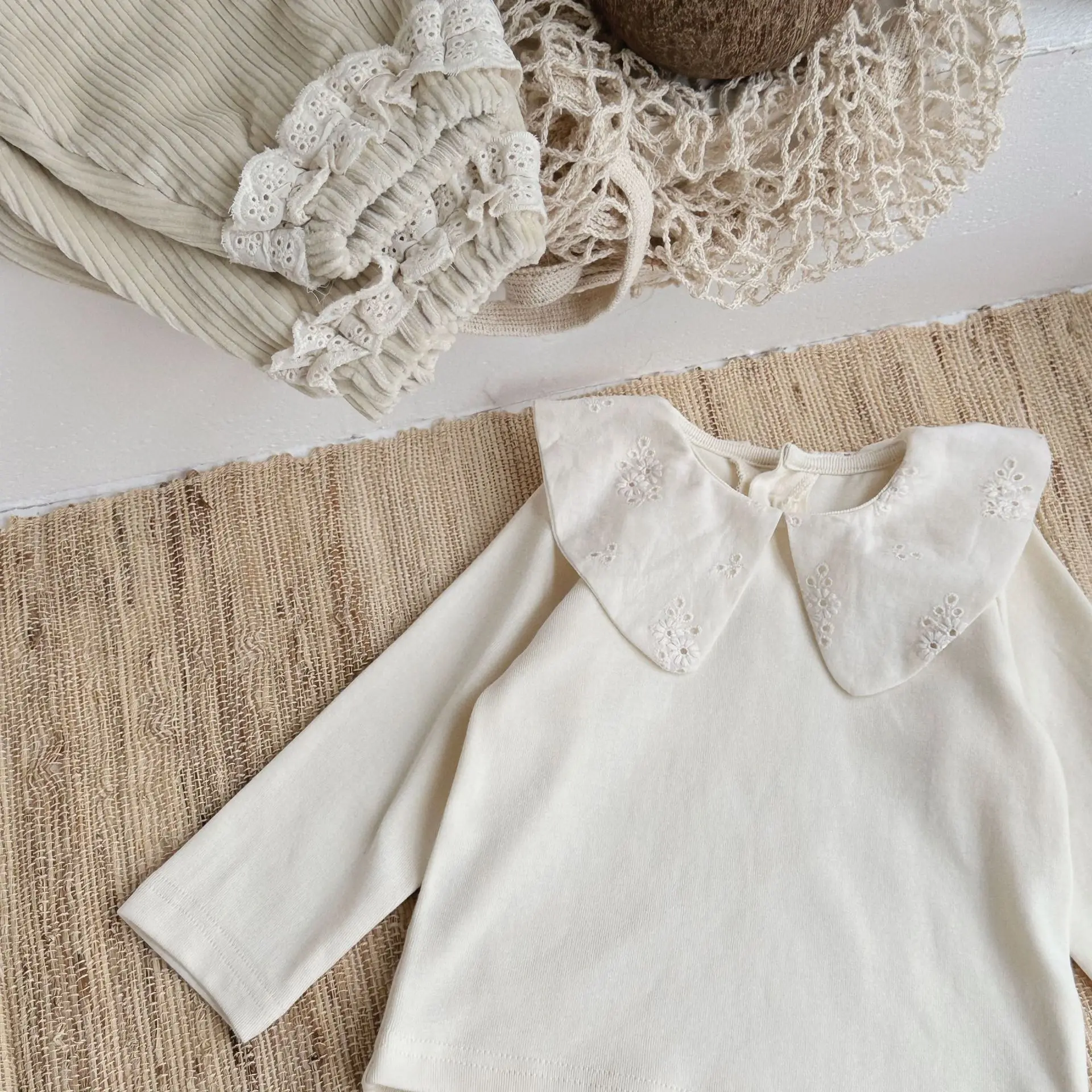 Baby Clothes T Shirt Autumn and Winter Baby Hollowed-out Lace Big Collar Long Sleeve Blouse Girl Princess Sweet Casual Top