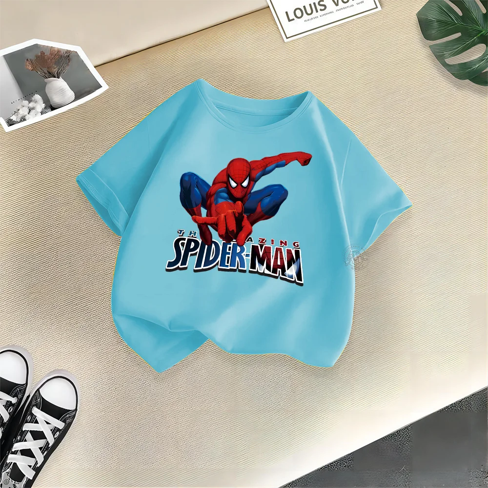 

Superhero Kids Summer 100% Cotton T-shirt Spiderman Print Teen Cotton Short Sleeve T-shirt Boys Girls Casual Crewneck Top