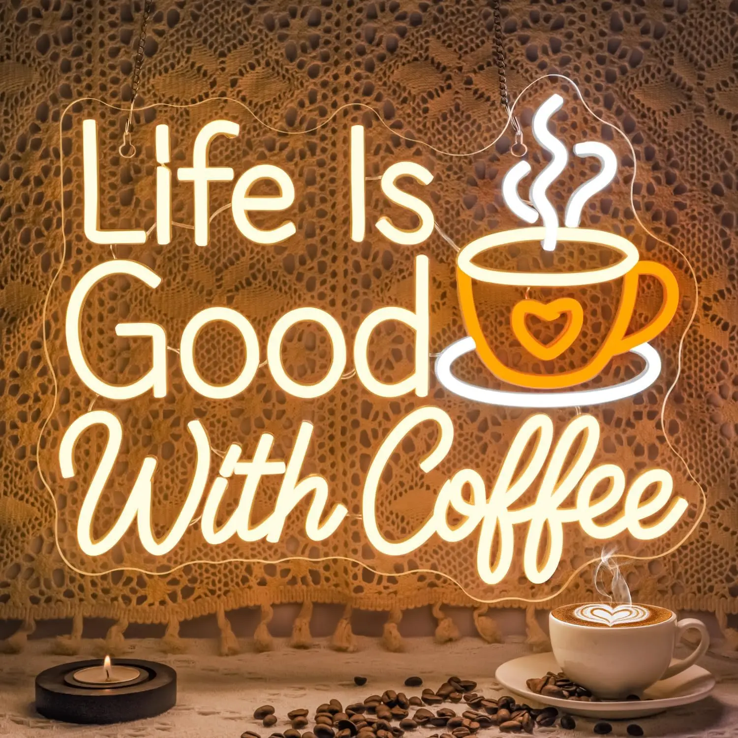 Life Is Good With Coffee Neon Sign Business Decor LED Neon Light Coffee Wall Art For Cafe Kitchen Christmas Gift USB Neon Lamp