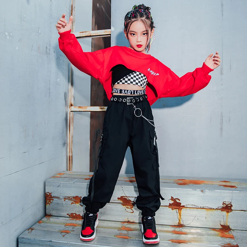 Street Dance Costume Modern Jazz Ballroom Dancing Clothes Rave Wear Girls Hip Hop Clothing Red Tops Casual Pants For Kids