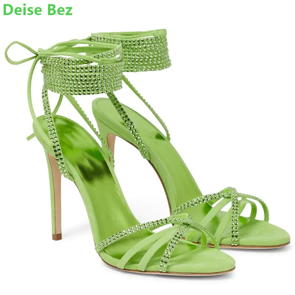 

Green Crystal Cross-tied Sandalias Slingback Round Toe Thin High Heel Narrow Band Solid Shallow Sexy Fashion Women Summer Shoes