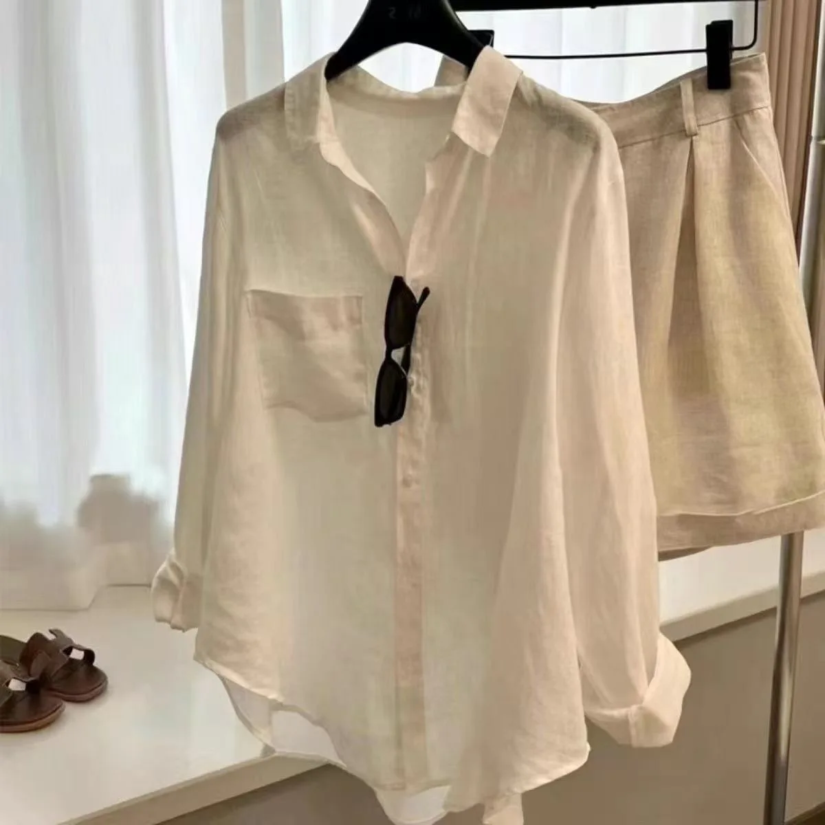 

White Linen Cotton Shirt Women's Summer Thin Loose Slimming High-end Cotton Linen Shirt Long Sleeve Sun Protection Top