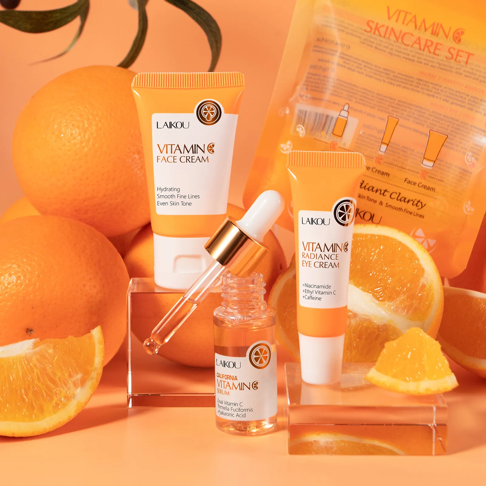 LAIKOU Vitamin C 3 Piece Skincare Set Brightening Moisturizing Face Care Kit for All Skin TypesDaily Facial Routine Travel Size