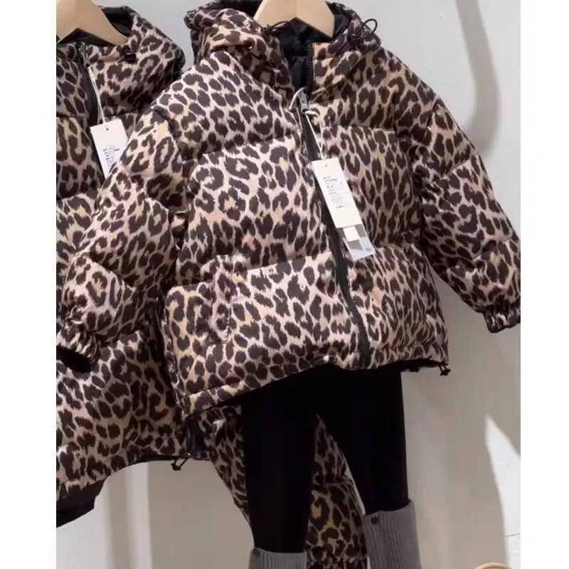 

Girls Winter Coat Teenager Leopard Print Cotton Padded Clothing Big for Kids Boys Hooded Reversible Jacket Warm Thick Outerwear