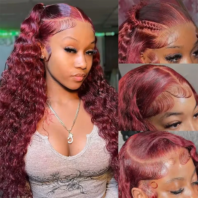 36 Inch Burgundy Deep Wave 99J Lace Front Wig Real Human Hair 220% Density Pre-Plucked 13x6 HD Lace Frontal Wigs for Women