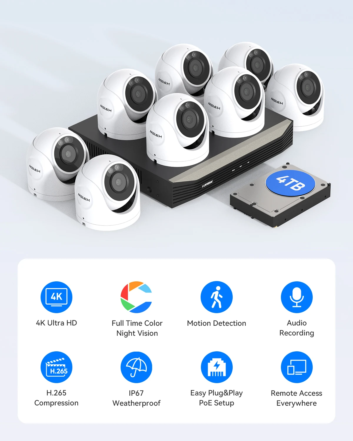 H.View 4K Full Color Night Vision CCTV Security System Video Surveillance Kit 8MP Poe Ip Camera Set 8CH Dome Audio Record Nvr