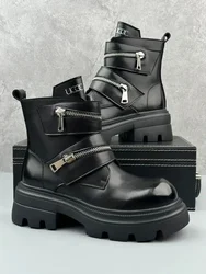 2024 Men's High-top British Style High-end Thick-soled Inner Heightening Locomotive Tooling Black Overalls Short Boots